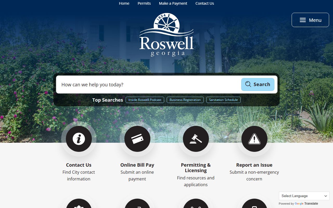 Roswell city government website showing local services