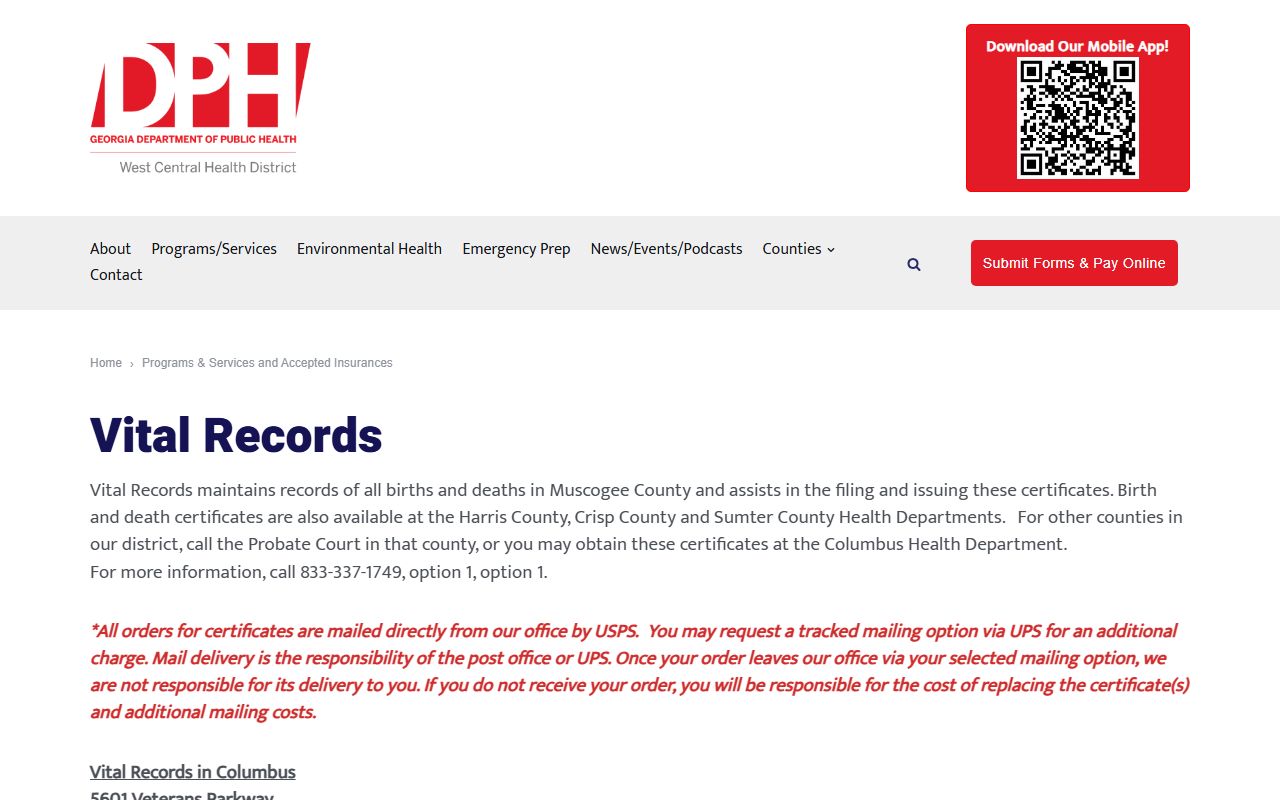 West Central Health District vital records page for Columbus death certificates