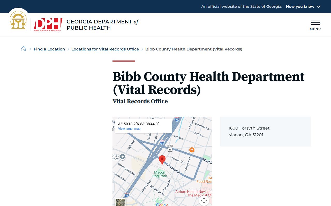 Bibb County Health Department death records listing on Georgia DPH site