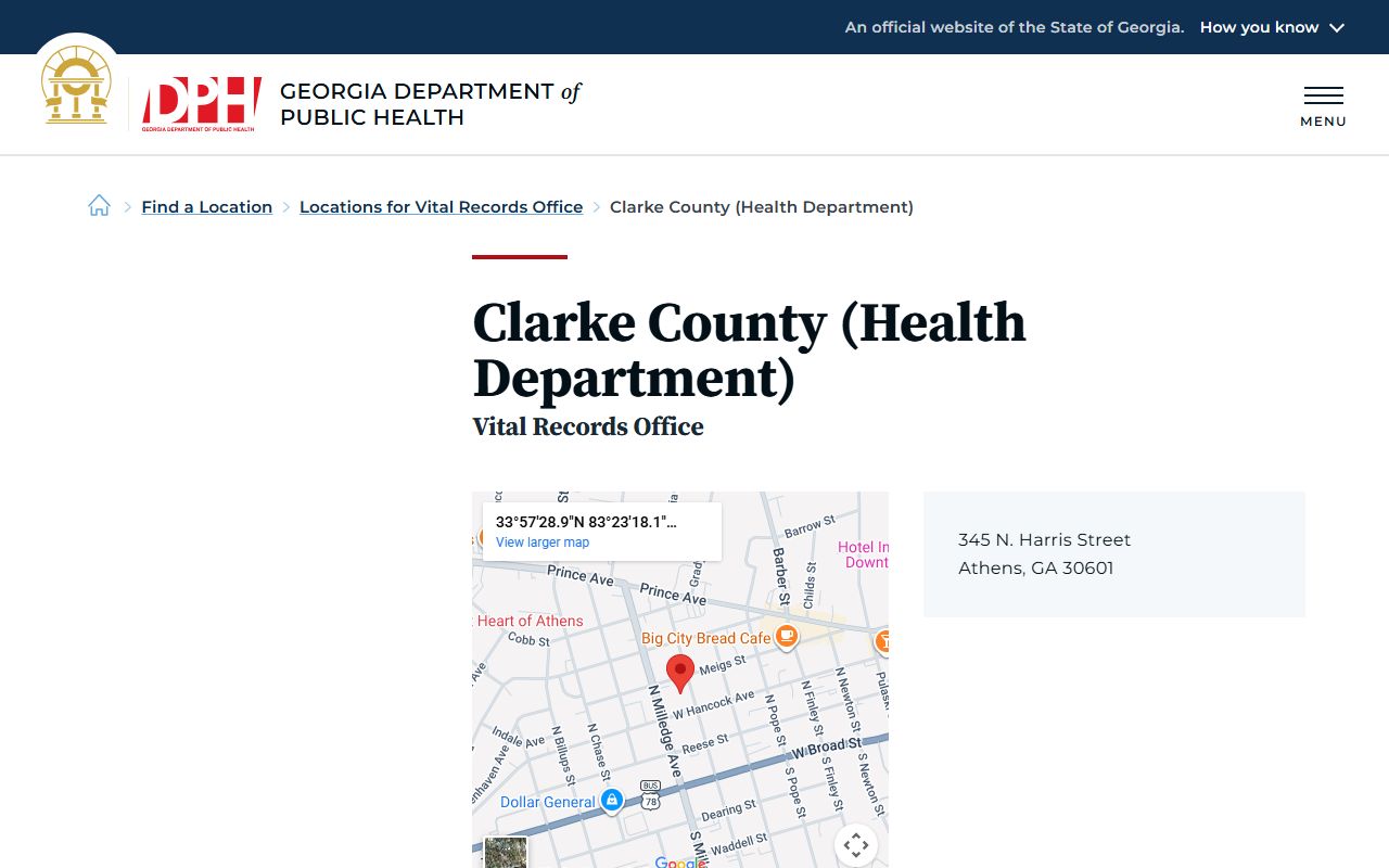 Clarke County Health Department vital records office for death certificates
