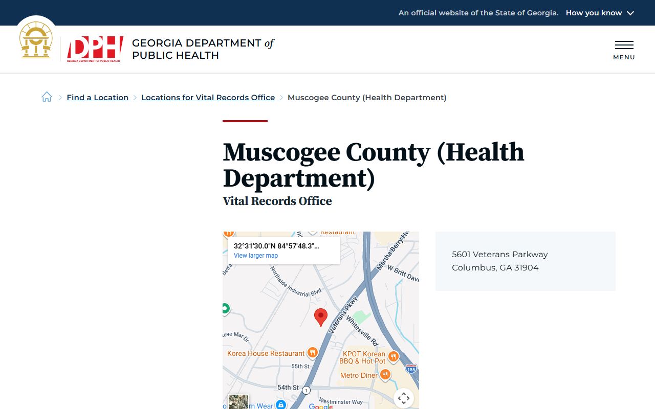 Muscogee County Health Department vital records page for death certificates in Columbus