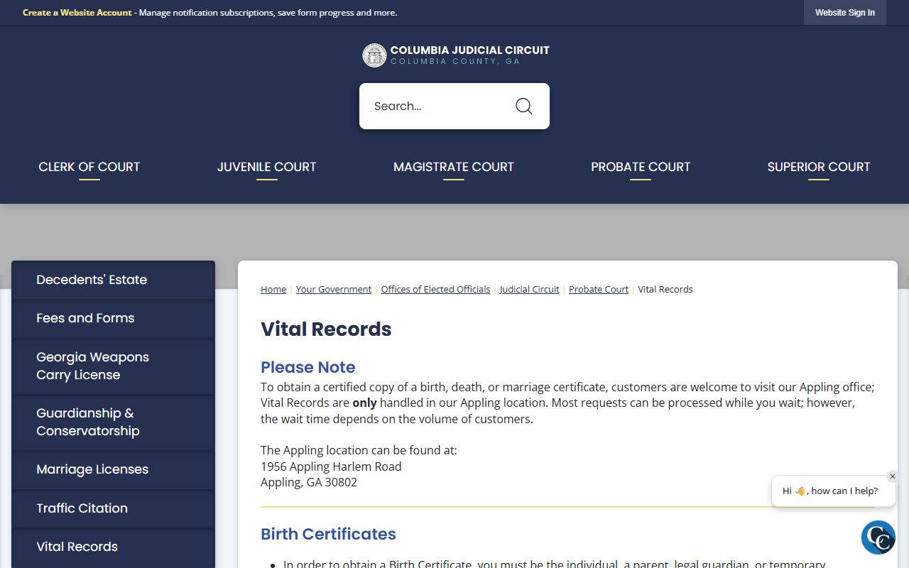 Vital records reference page for Appling County death certificate ordering