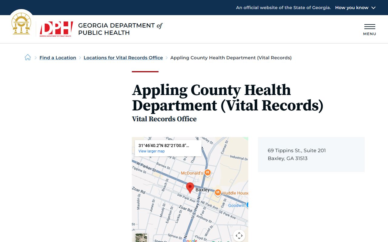 Appling County Health Department vital records office page for death certificates