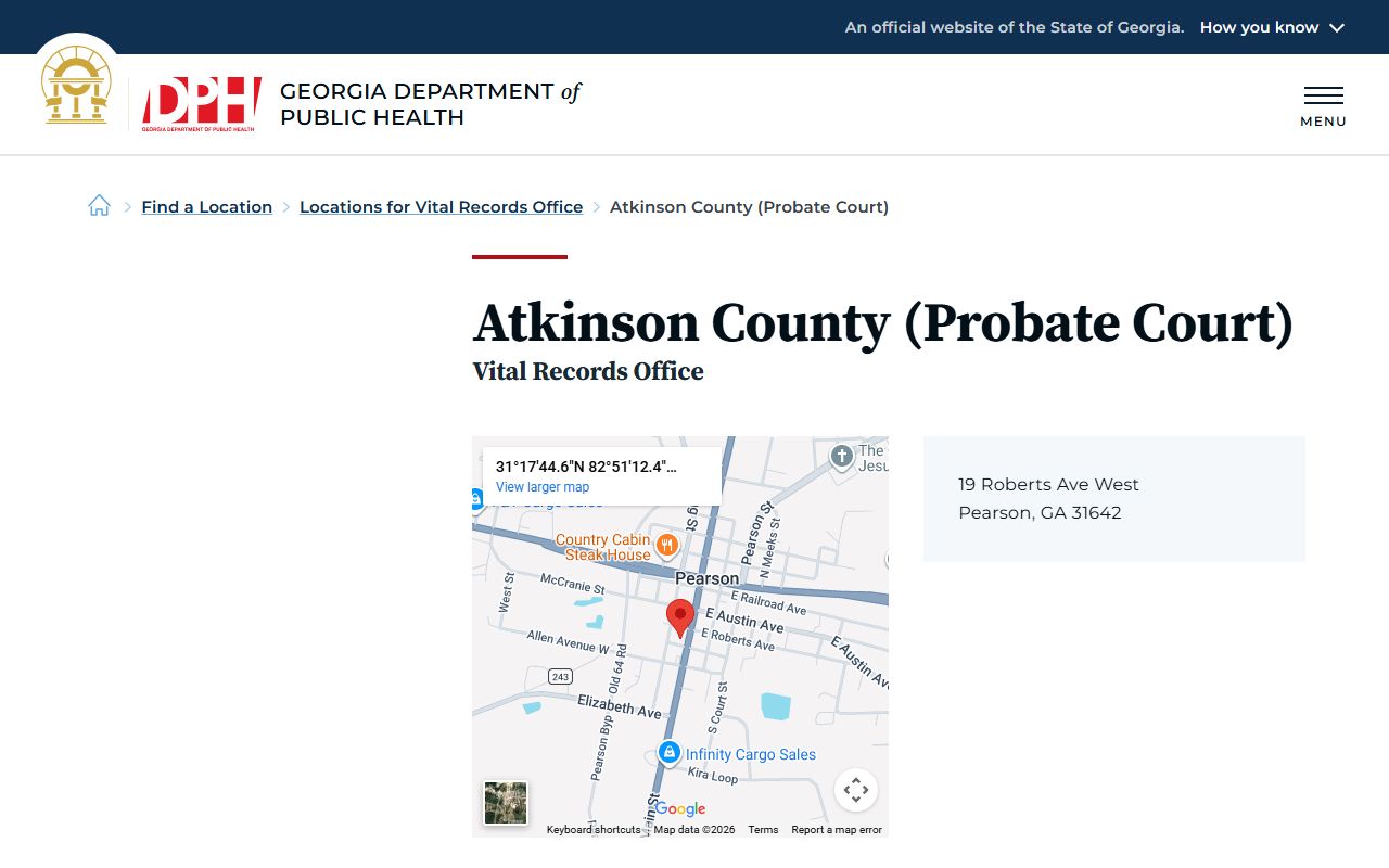 Atkinson County Probate Court vital records listing for death certificates