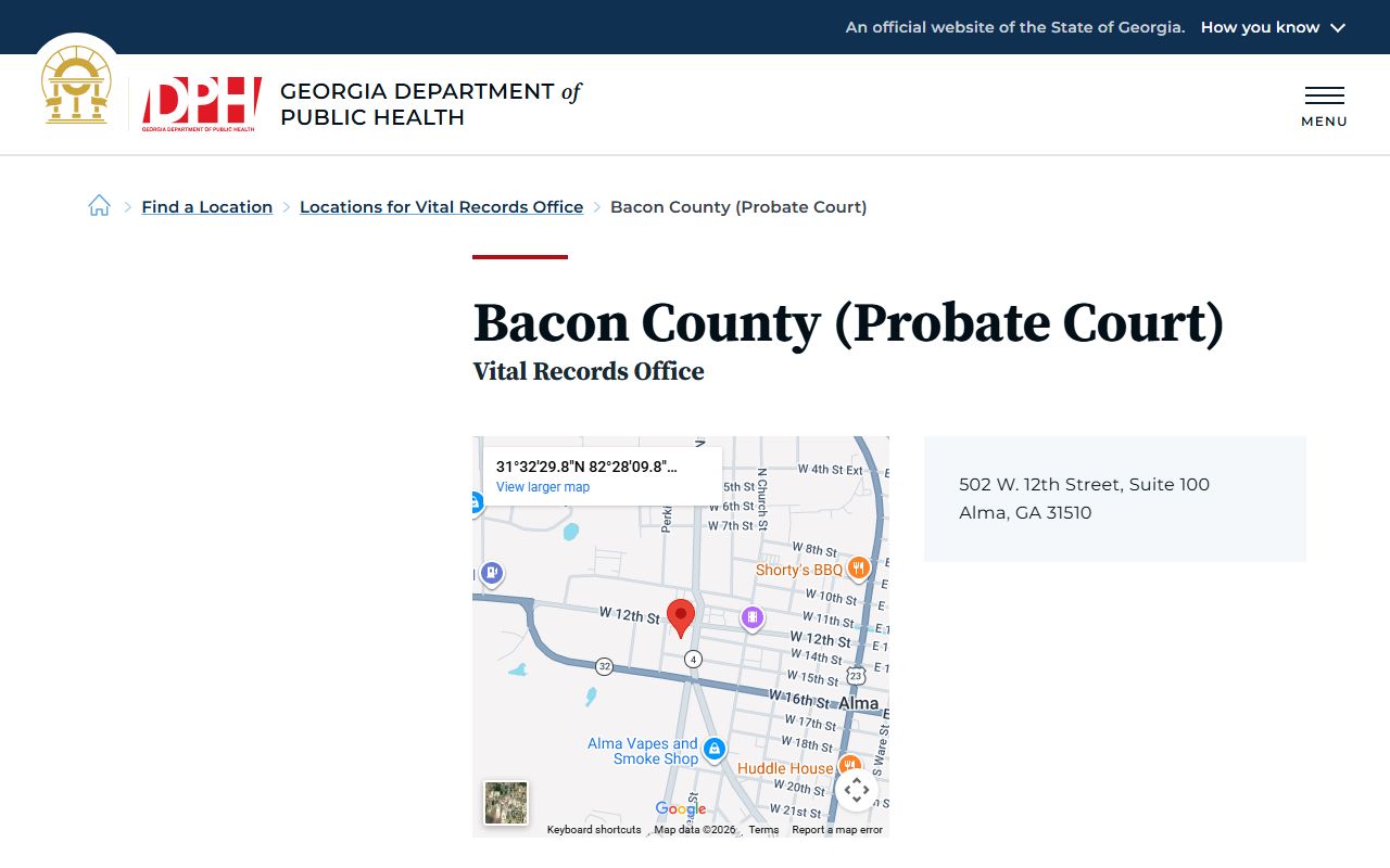 Bacon County Probate Court vital records listing for death certificates