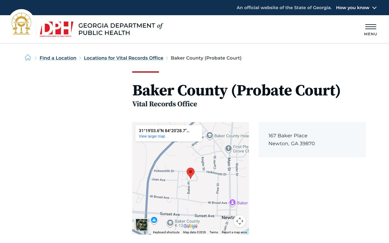 Baker County Probate Court vital records listing on Georgia DPH site