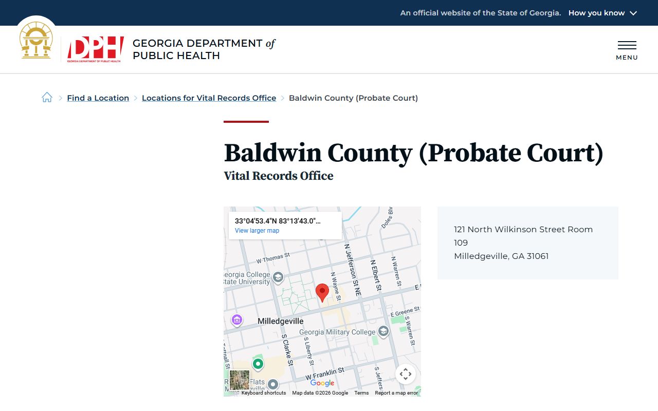 Baldwin County Probate Court vital records listing on Georgia DPH for death certificates