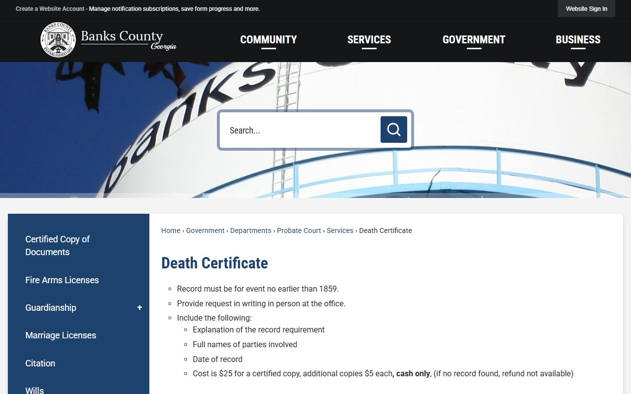 Banks County government website death certificate information page