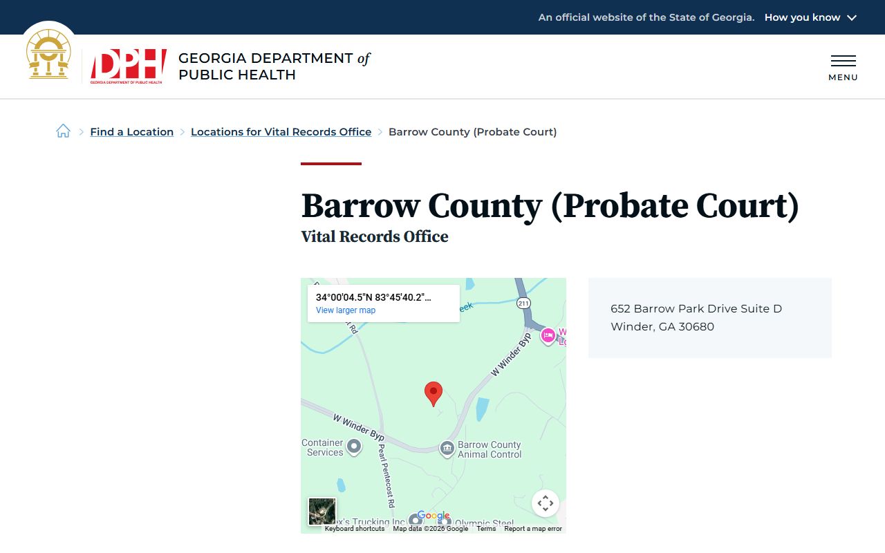 Barrow County Probate Court listing on Georgia DPH for death certificate requests