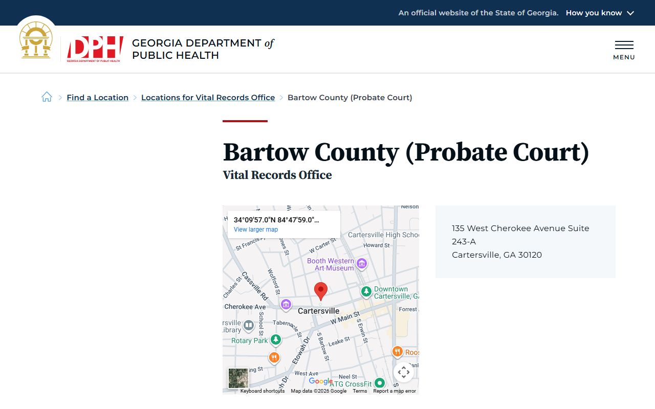 Bartow County Probate Court listing on Georgia DPH for death records