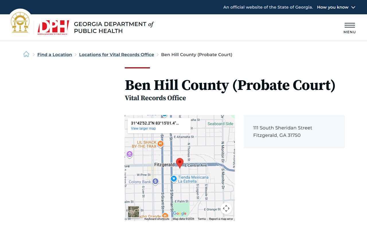 Ben Hill County Probate Court death records listing on Georgia DPH website