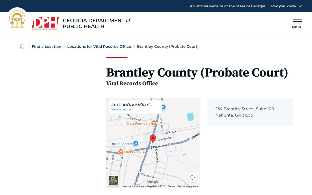 Brantley County Probate Court vital records listing for death certificates