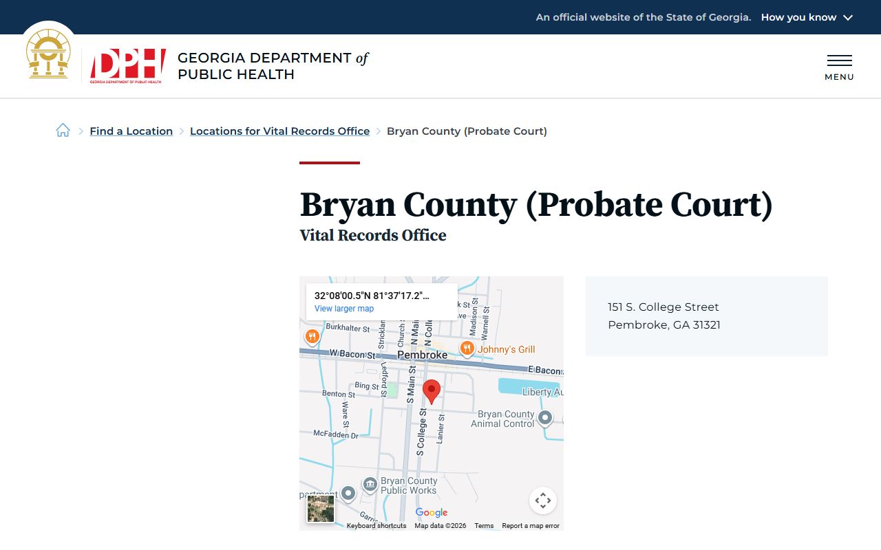 Bryan County Probate Court vital records registrar listing for death records