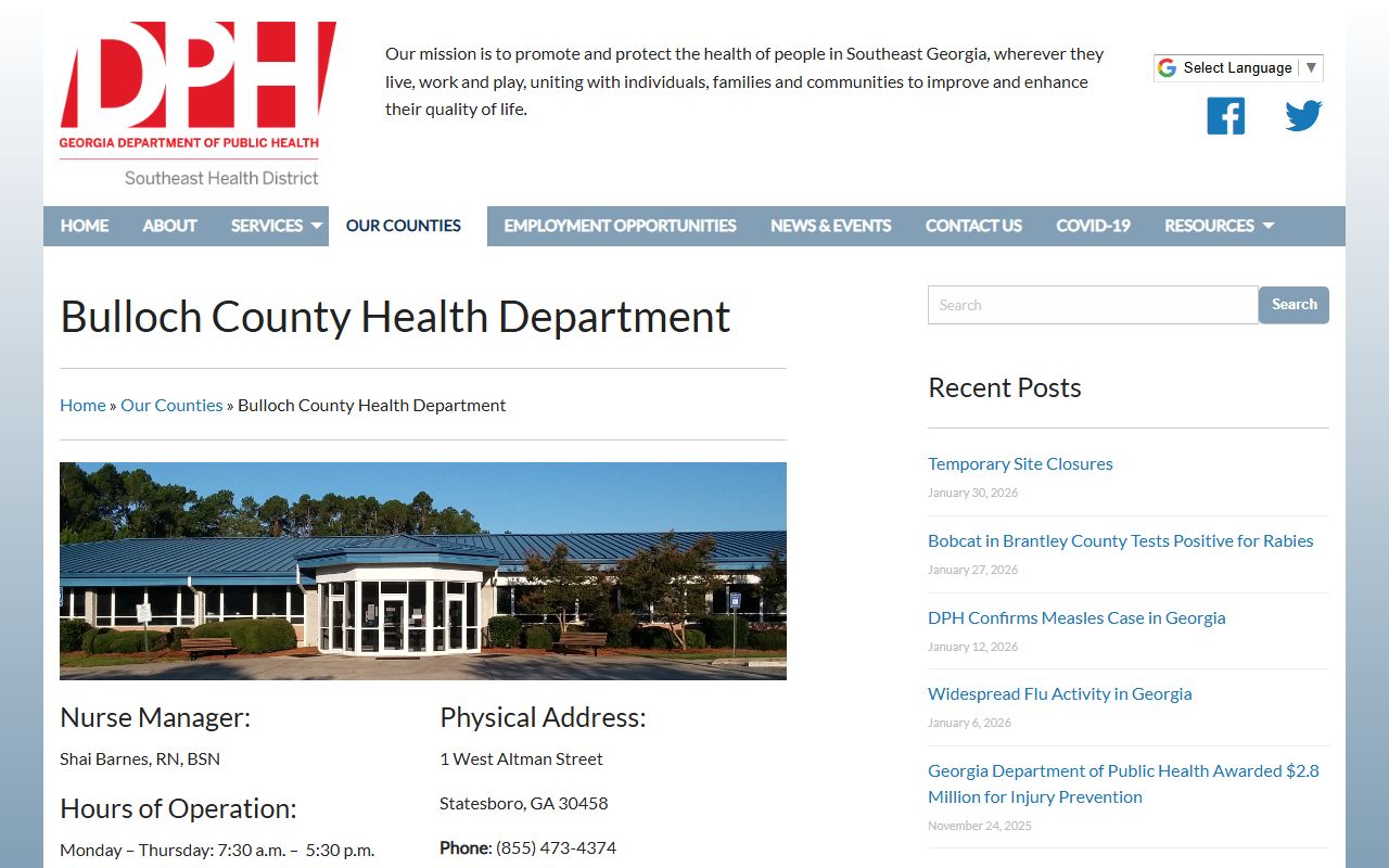 Southeast Health District page for Bulloch County Health Department death records