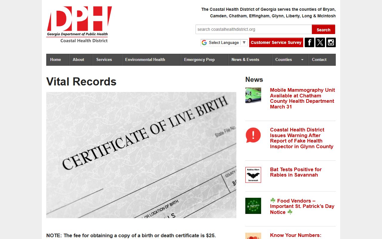 Coastal Health District vital records services for Camden County death records