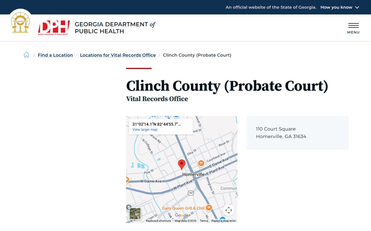 Clinch County Probate Court vital records listing for death certificates