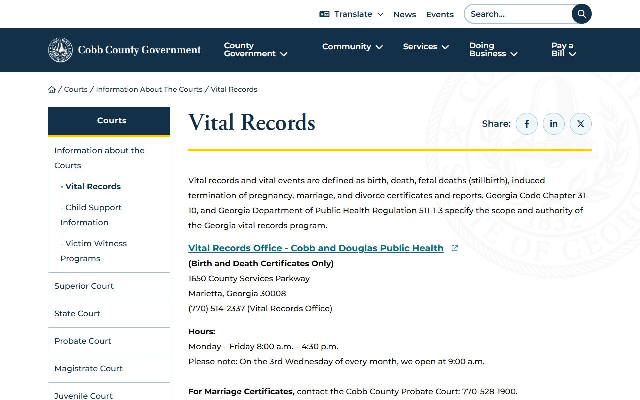 Cobb County government vital records information page