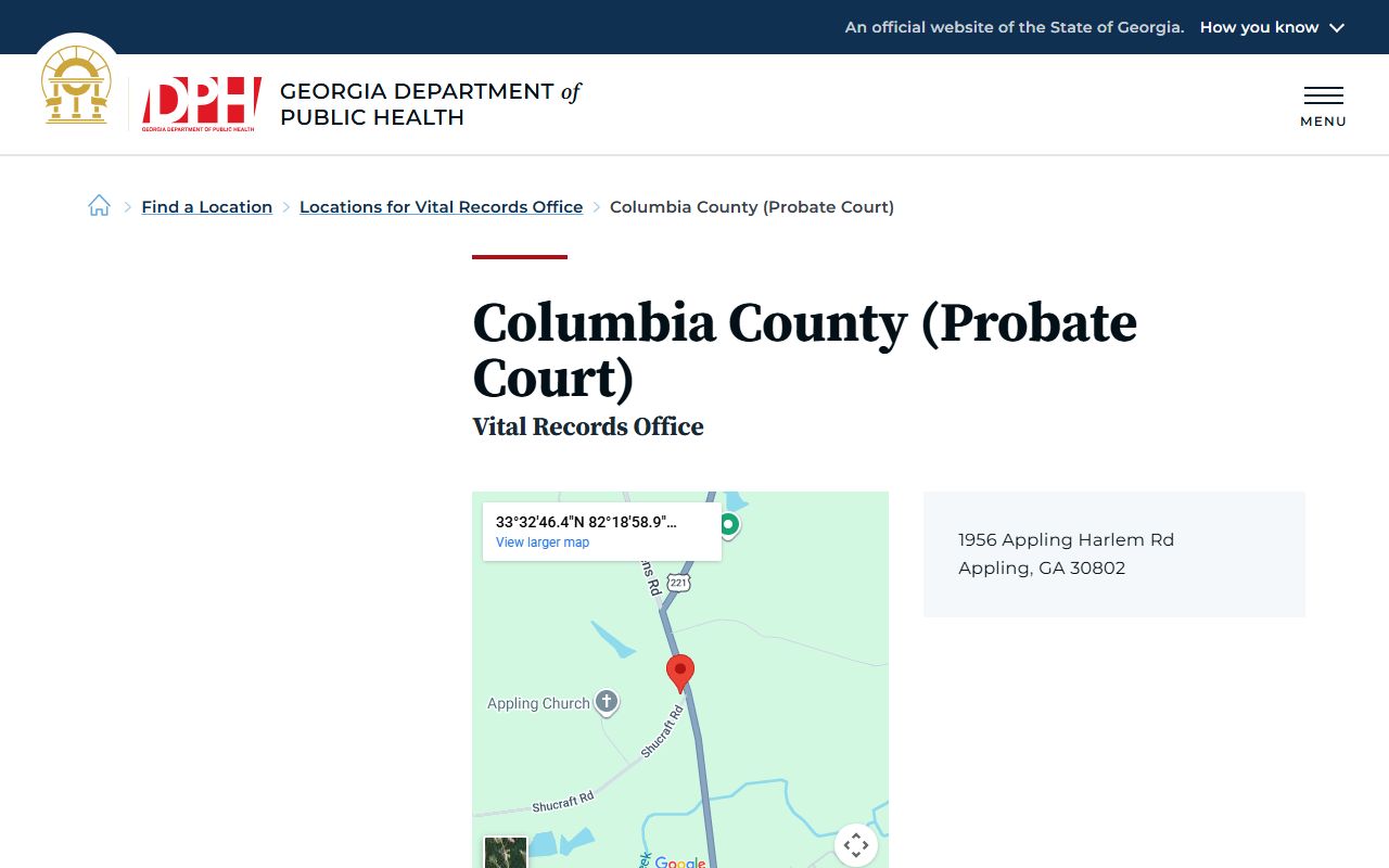 Georgia DPH listing for Columbia County Probate Court vital records office