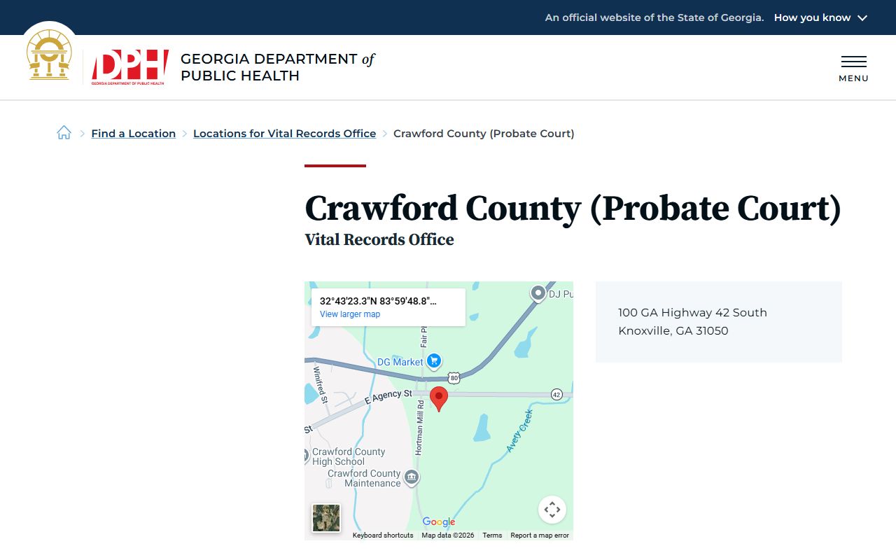 Georgia DPH listing for Crawford County Probate Court vital records office