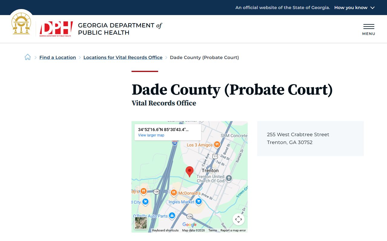 Georgia DPH listing for Dade County Probate Court vital records office
