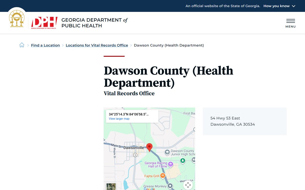 Dawson County Health Department listing on Georgia DPH site for death records