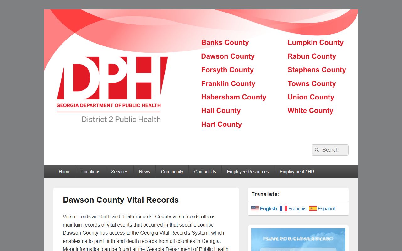 Public Health District 2 Dawson County vital records page