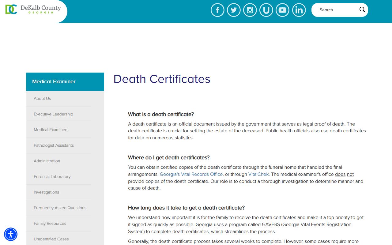 DeKalb County Medical Examiner page clarifying death certificate requests go to probate court