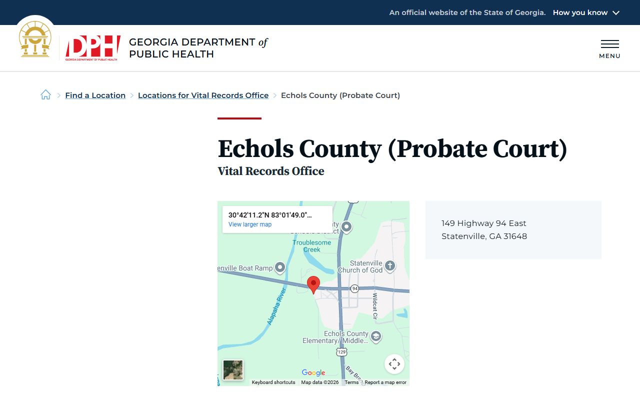 Echols County Probate Court vital records listing for death certificates