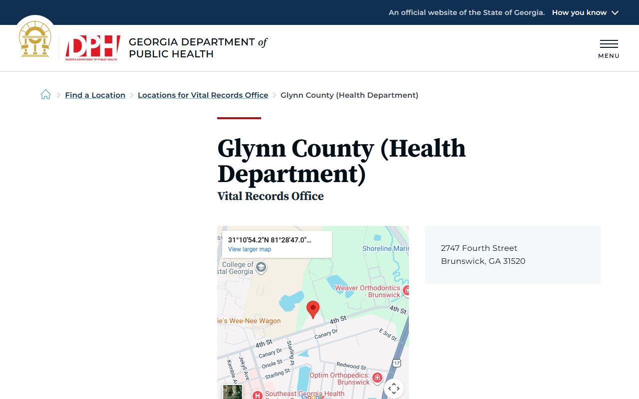 Glynn County Health Department vital records page for death certificate requests