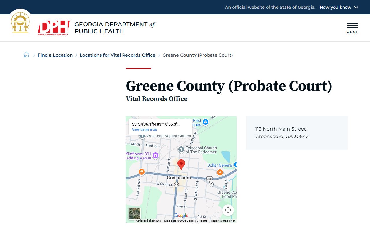 Greene County Probate Court vital records office page for death certificates