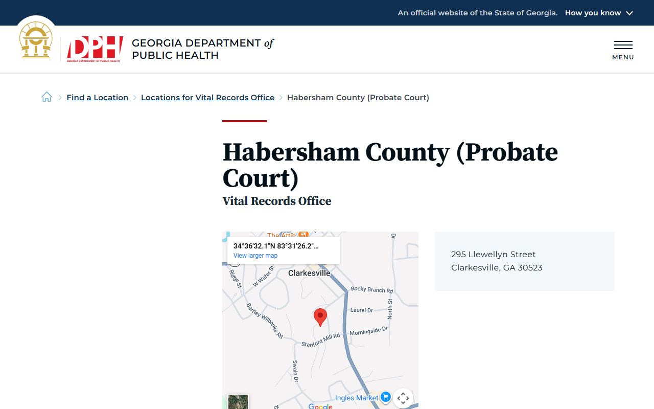 Habersham County Probate Court vital records page for death certificates