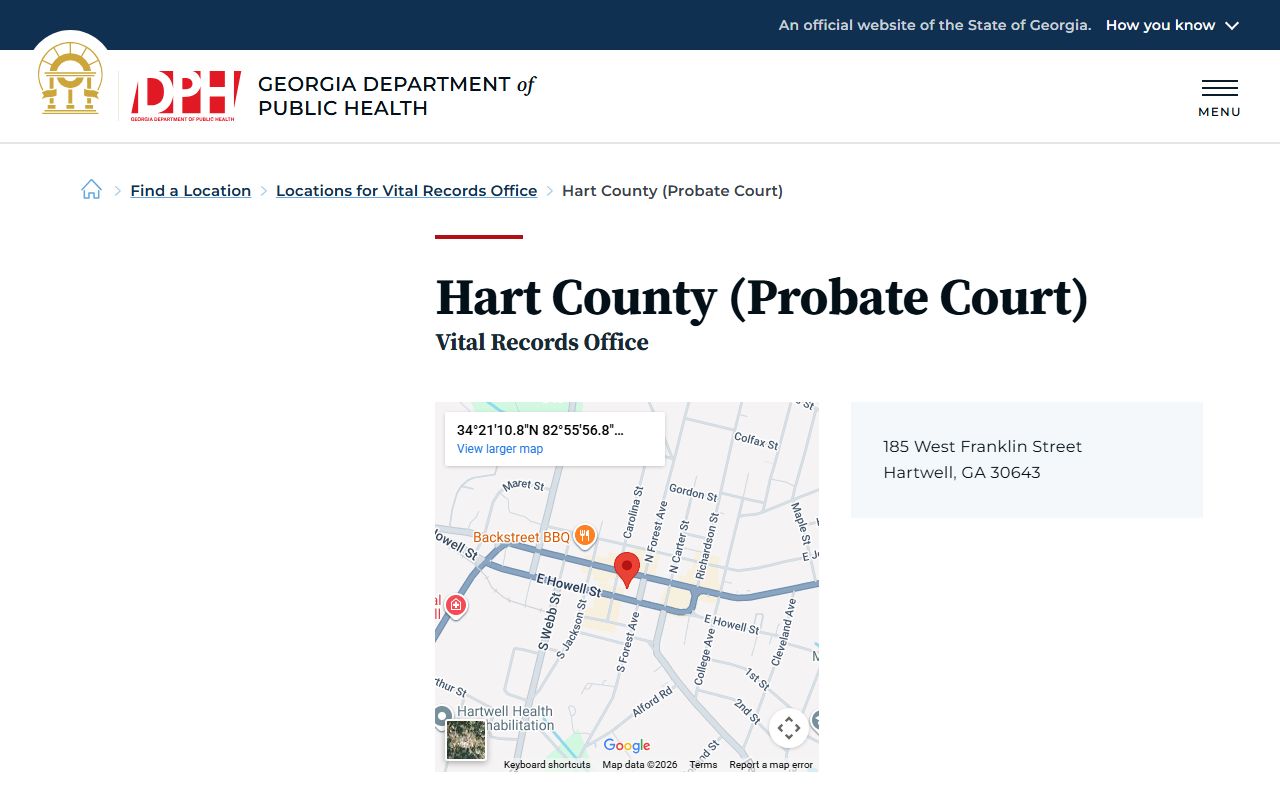 Hart County Probate Court vital records page for death certificate services