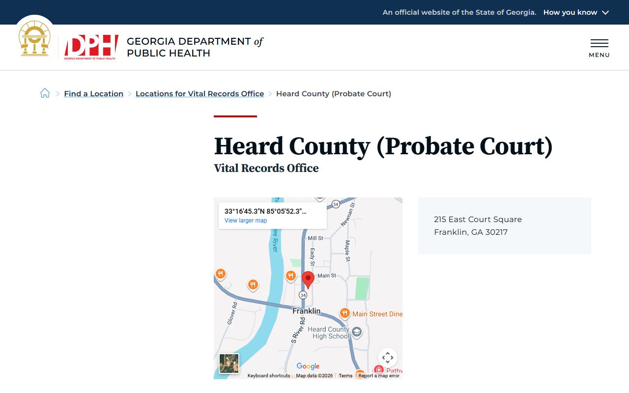 Heard County Probate Court vital records page for death certificate requests