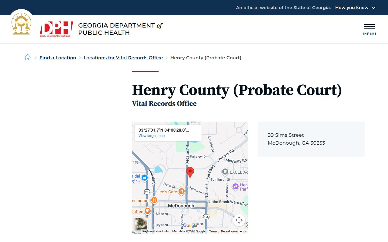 Henry County Probate Court vital records page for death certificate requests