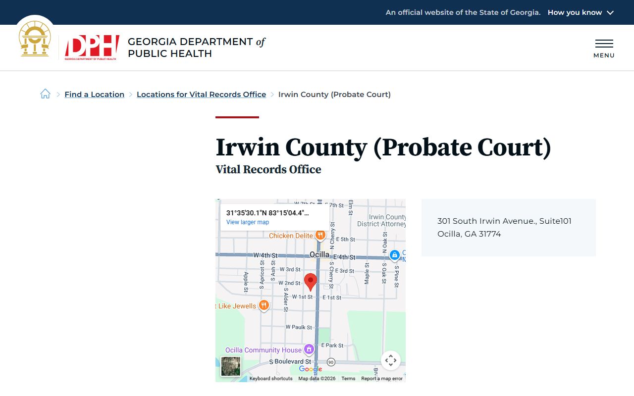 Irwin County Probate Court vital records page for death certificate requests