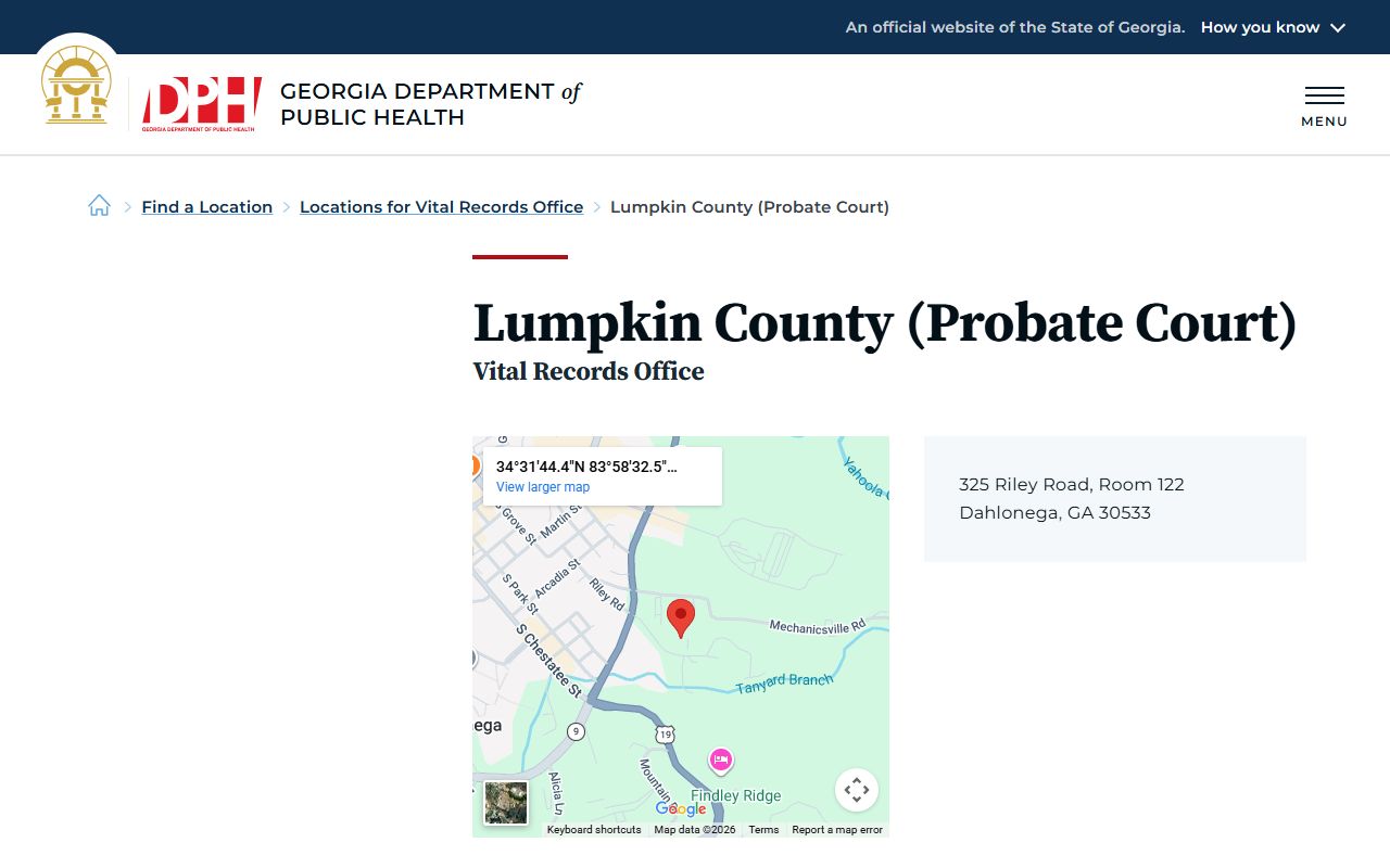 Lumpkin County Probate Court vital records office listing for death certificates