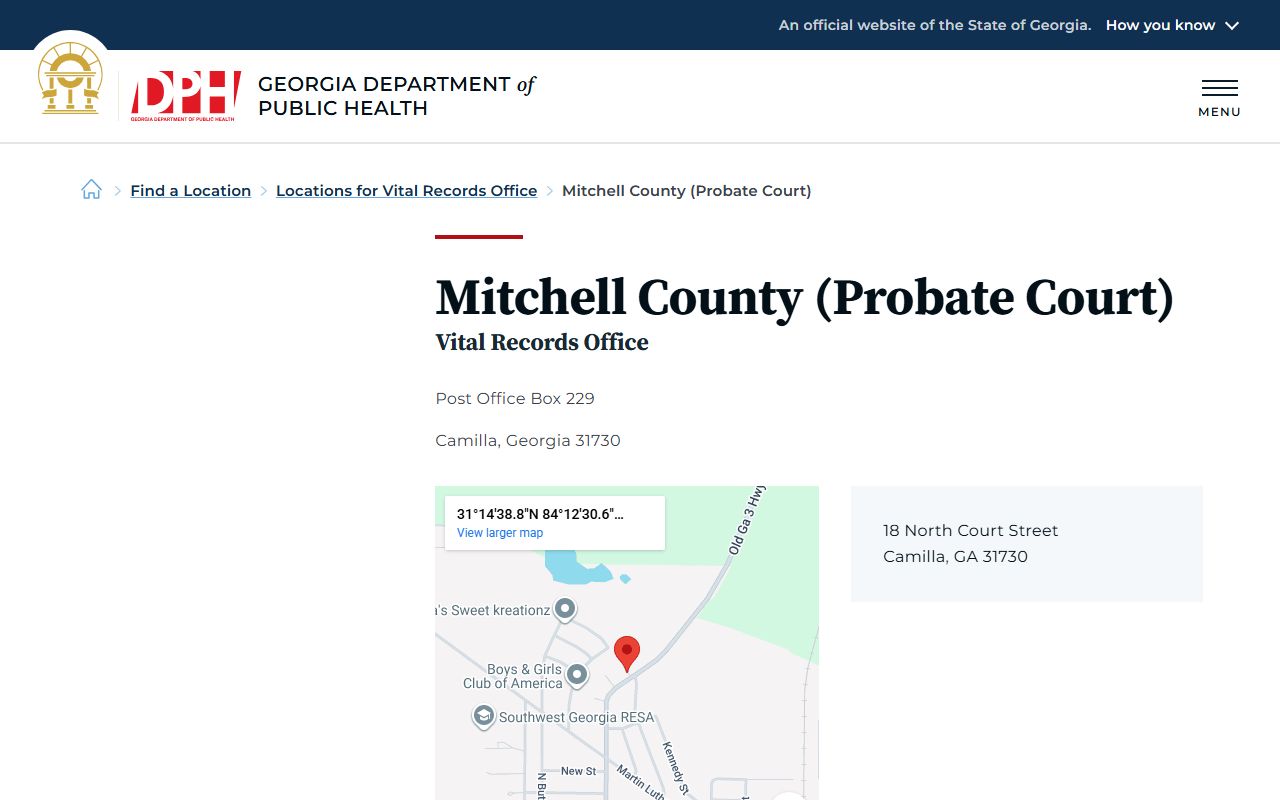 Mitchell County Probate Court vital records office listing for death certificates