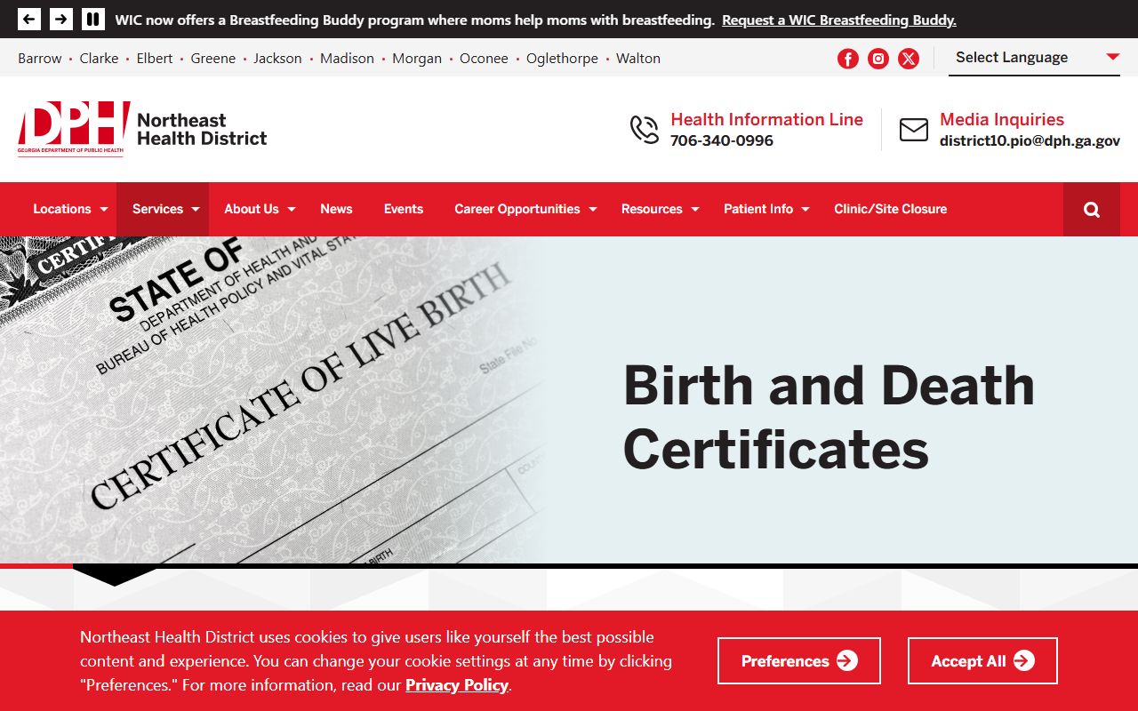 Northeast Health District birth and death certificate services page