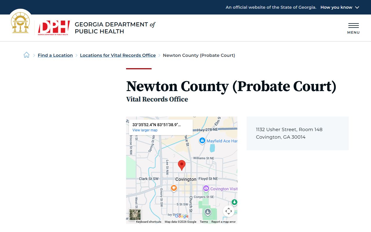 Newton County Probate Court vital records office page for death certificates