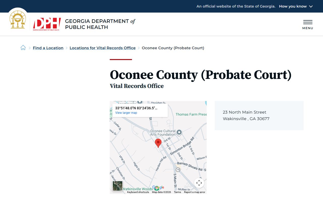 Oconee County Probate Court vital records office listing for death certificates