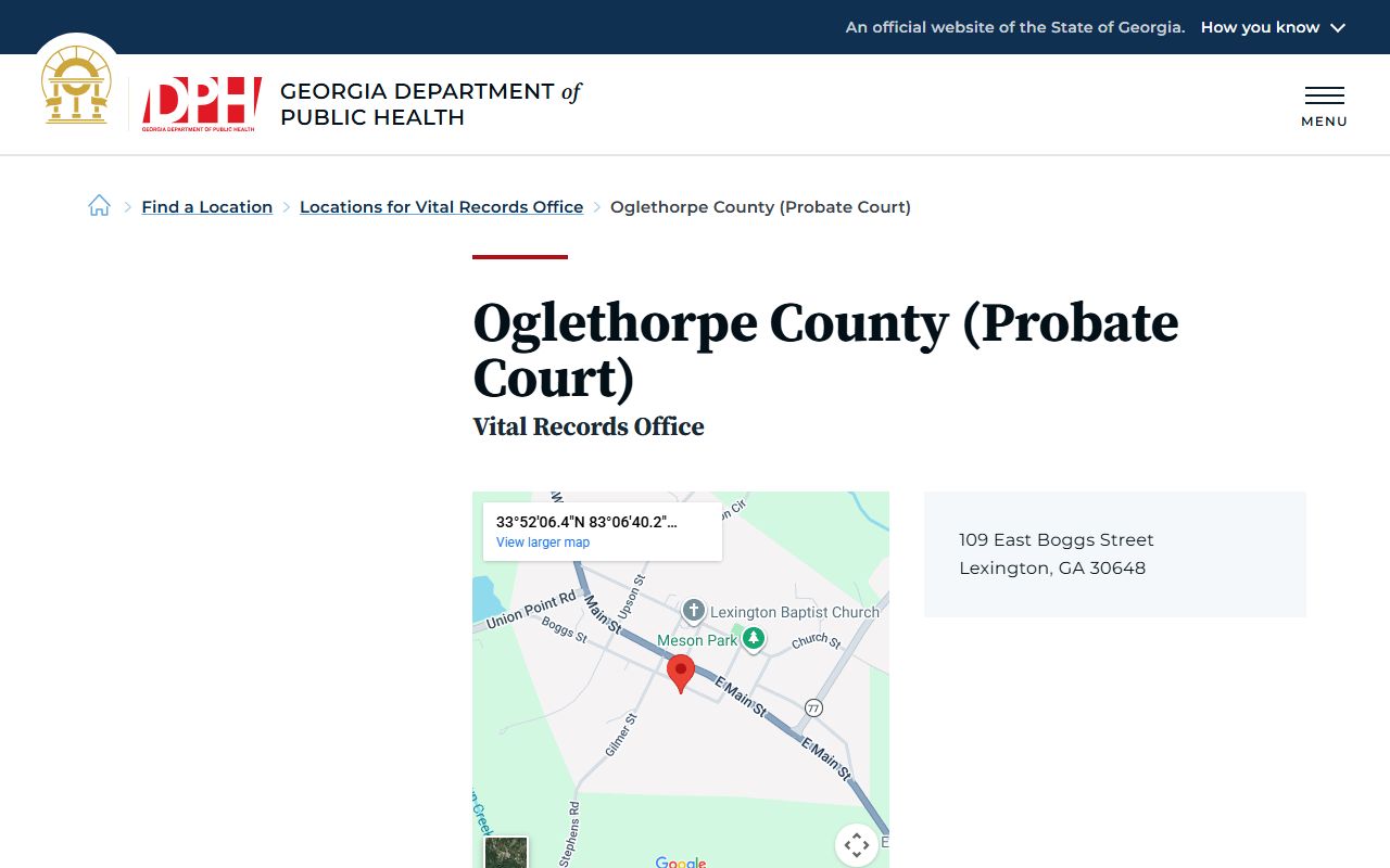 Oglethorpe County Probate Court vital records listing for death certificate requests
