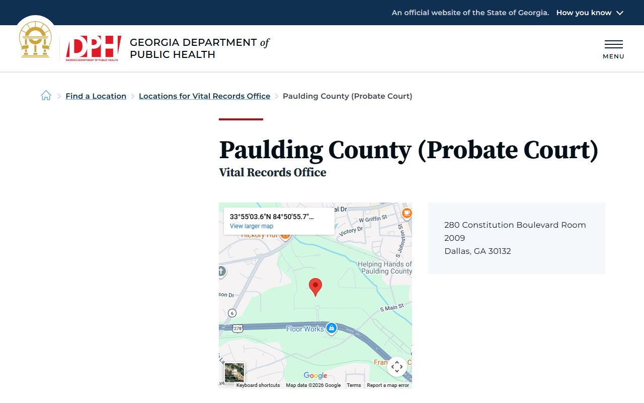 Paulding County Probate Court vital records listing on Georgia DPH site