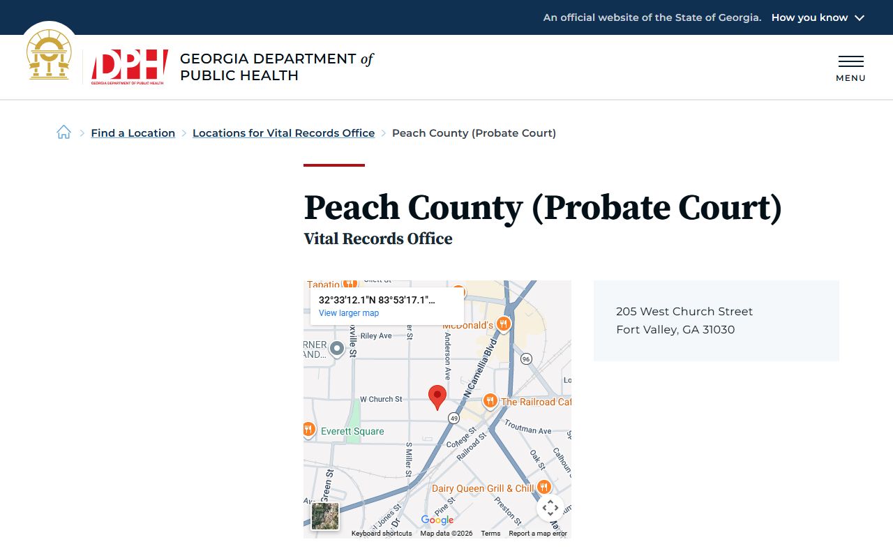 Peach County Probate Court vital records office listing for death certificates