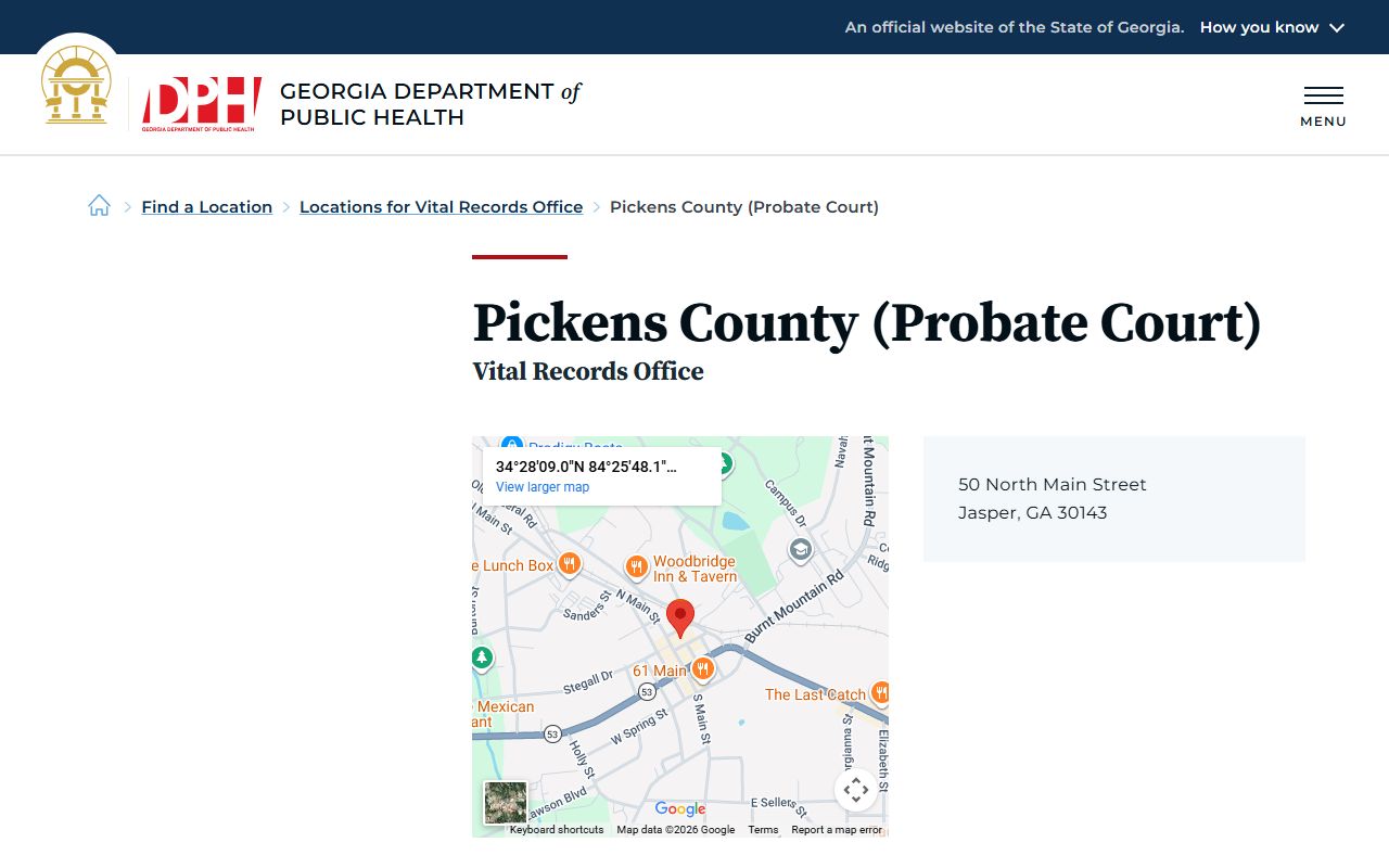 Pickens County Probate Court vital records page on Georgia DPH website