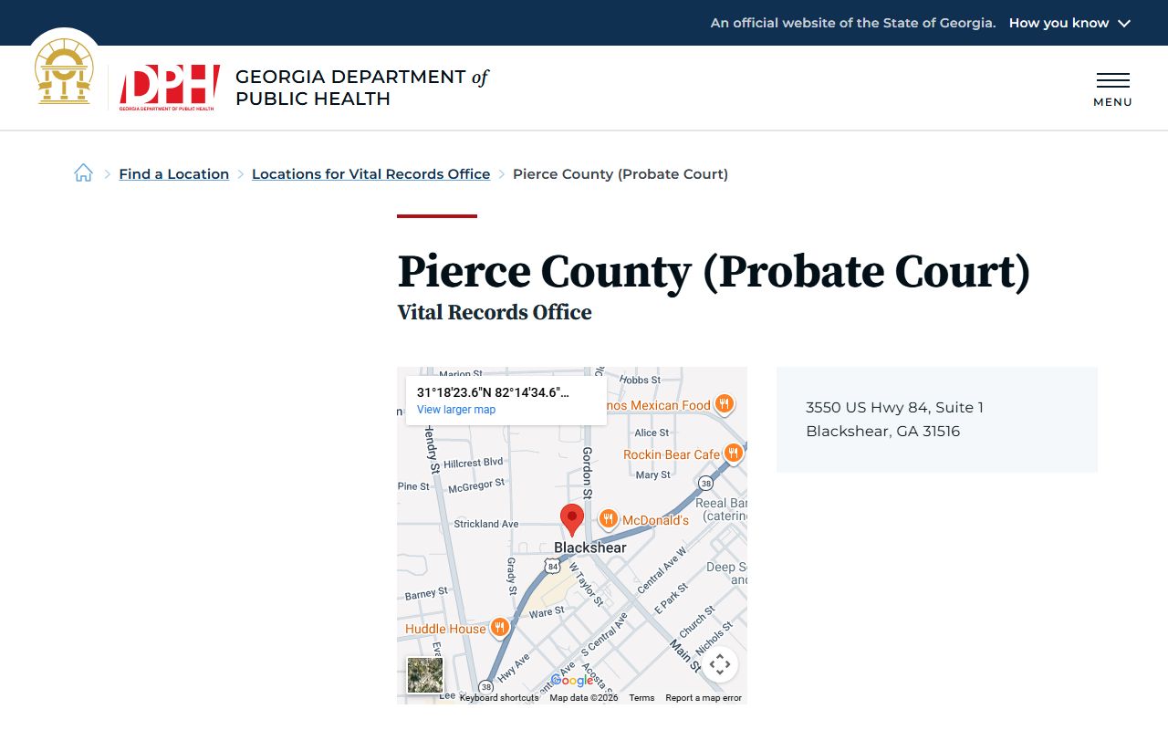 Pierce County Probate Court vital records office listing on Georgia DPH