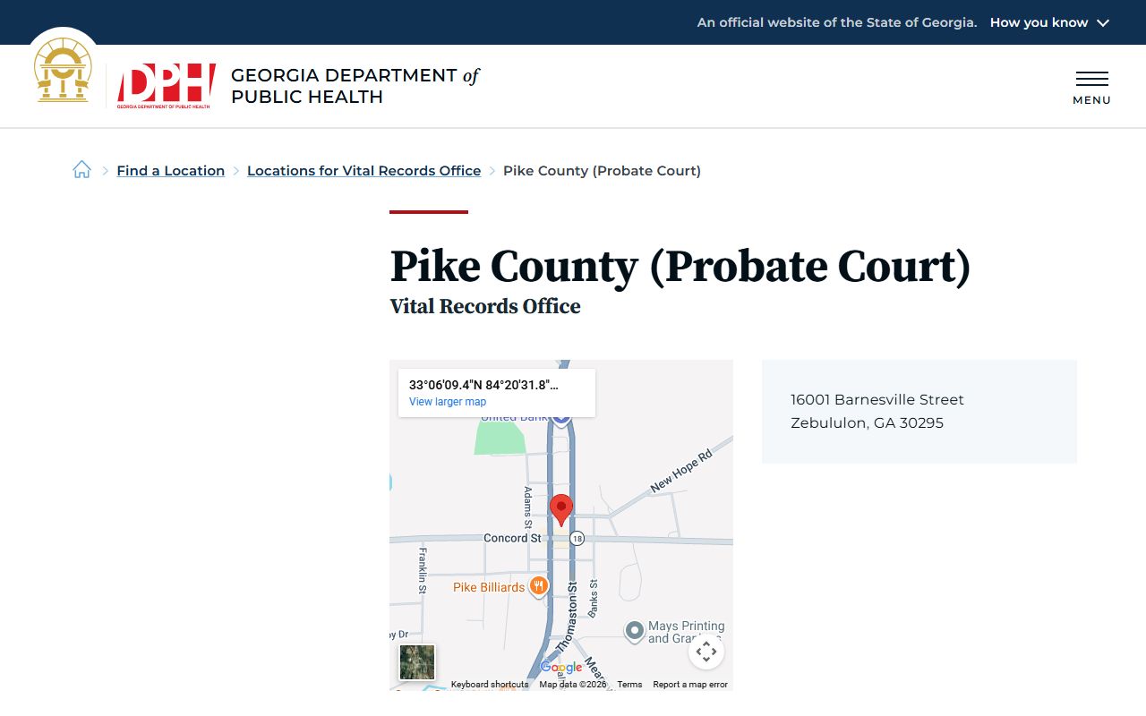 Pike County Probate Court vital records listing on Georgia DPH website