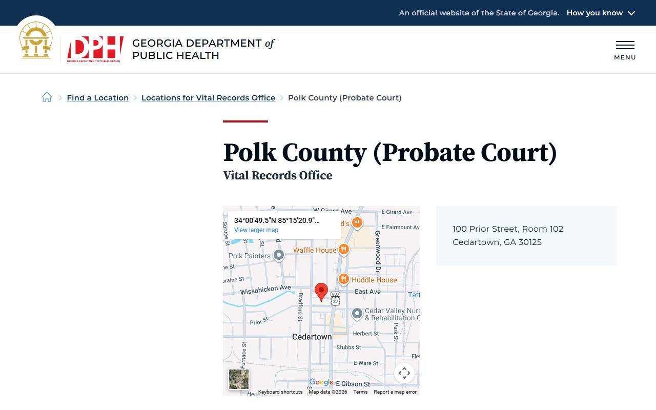 Polk County Probate Court vital records office listing on Georgia DPH site
