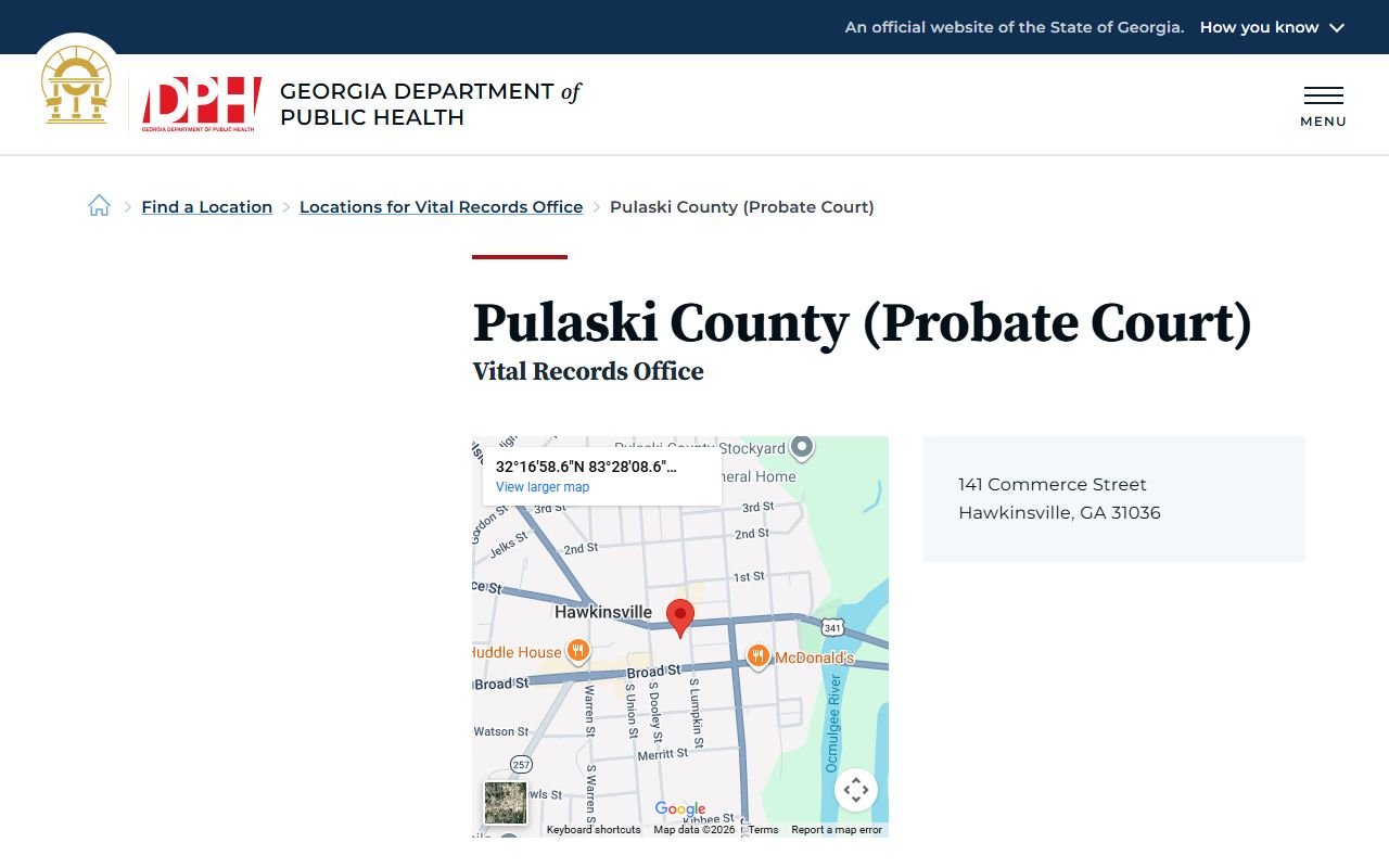 Pulaski County Probate Court vital records office listing on Georgia DPH
