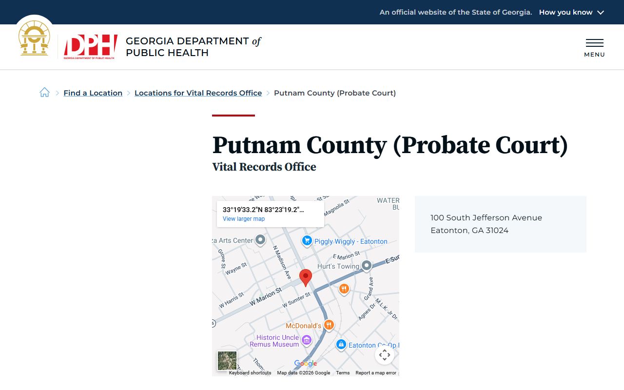Putnam County Probate Court vital records listing on Georgia DPH website