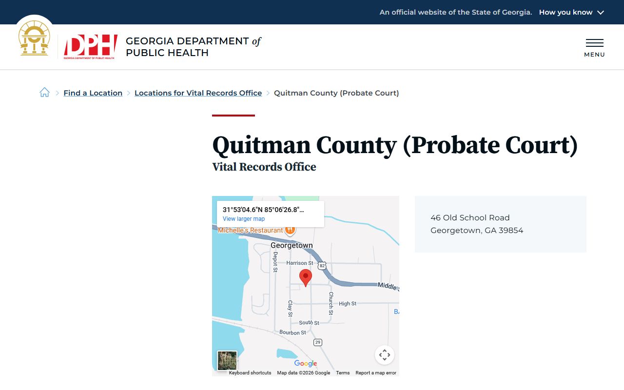 Quitman County Probate Court vital records office page on Georgia DPH